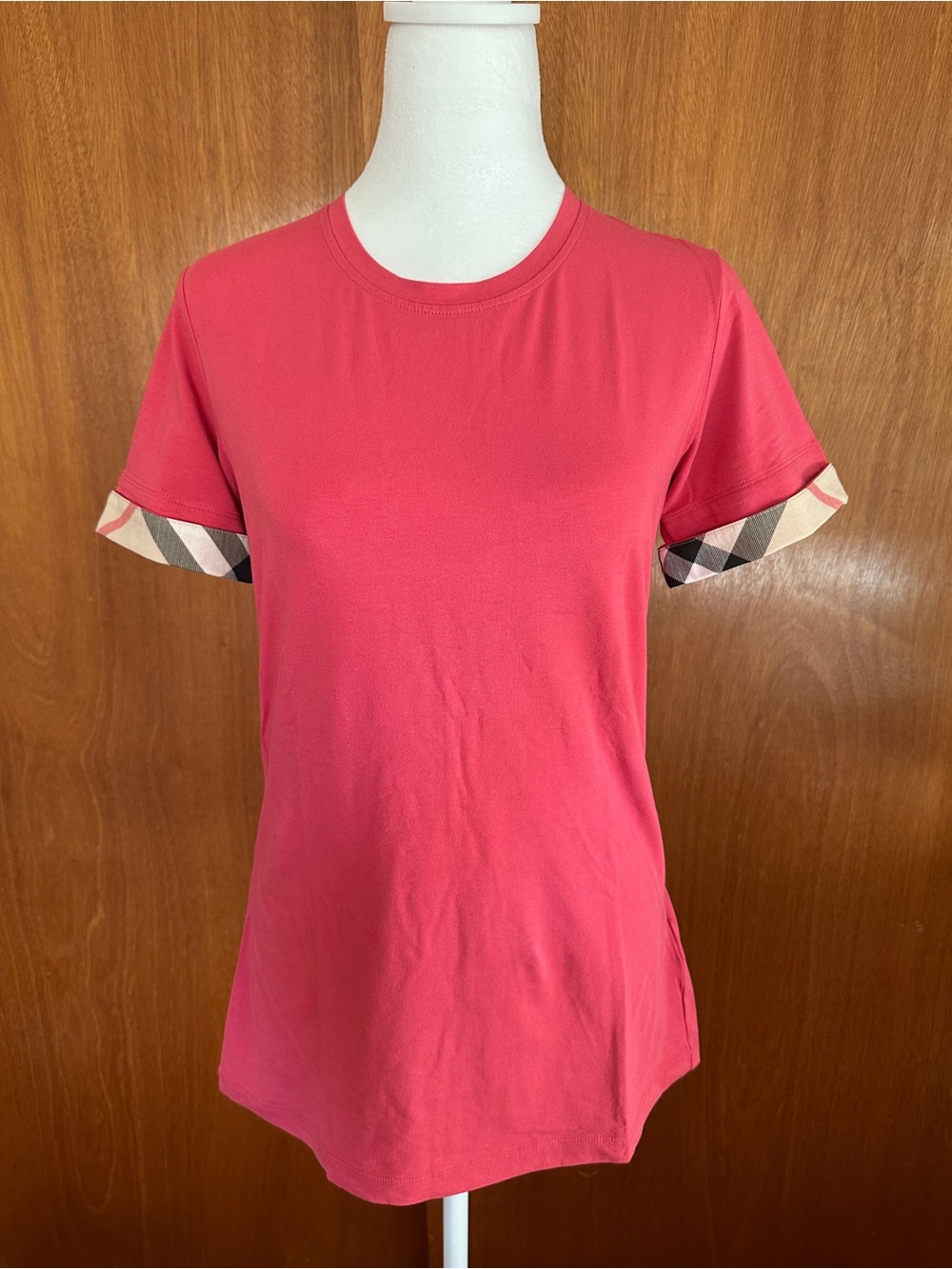 NWT! Burberry Woman's Cotton T-shirt Check Short Sleeve In Bright Rose Size M